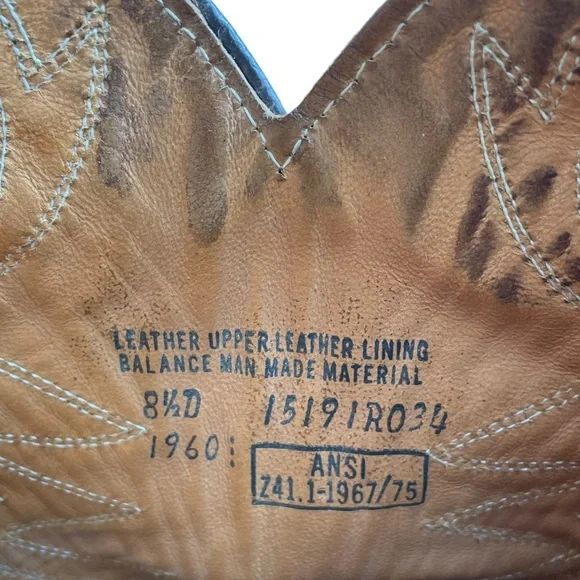 Vintage Cowhide Steel-toe Western Cowboy Brown Leather Boots Stitchwork Mens 8.5 - Picture 14 of 16